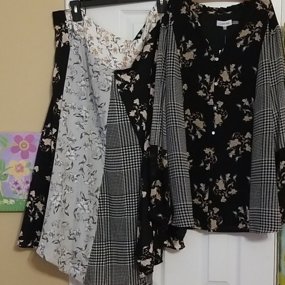 Calvin Klein 1X top 20W skirt SET plaid & florals NWT